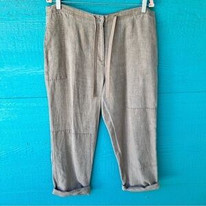 J.JILL LINEN PATCHWORK NEUTRAL TAN PULL ON ZIPPER DRAWSTRING PANTS SIZE 14